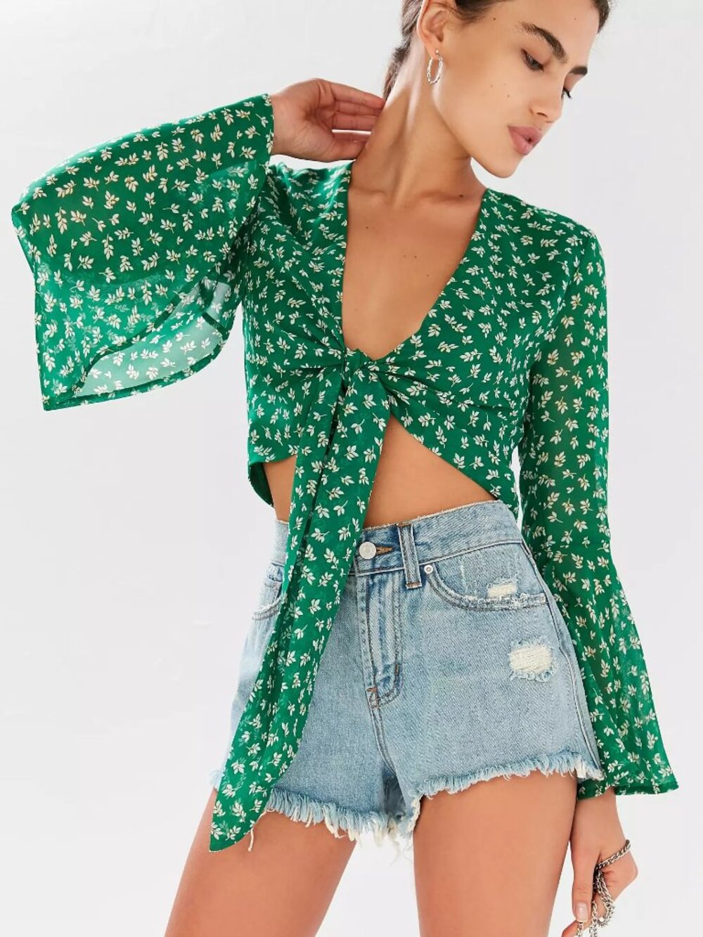 URBAN OUTFITTERS Sexy Cropped Top Tie-Front Bell-Sleeve Shirt Green White